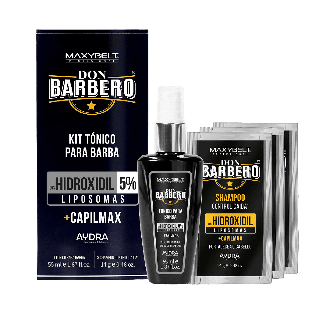KIT TONICO PARA BARBA HIDROXIDIL LIPOSOMAS *55ML+3 UNDS SH.HIDROXIDIL*14ML DON BARBERO